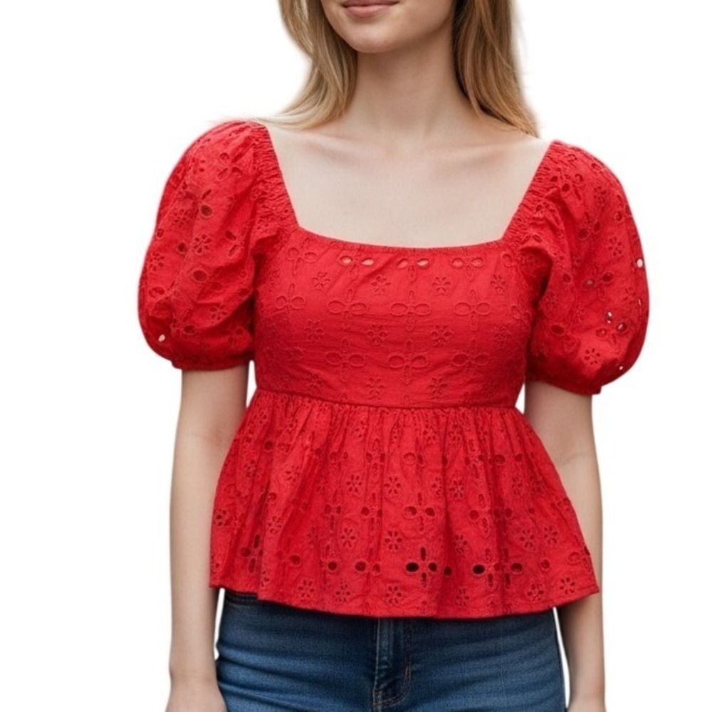 Trixxi Red Eyelet Cotton Peplum Top Puff Sleeve Back Tie Size M‎ Coquette Boho